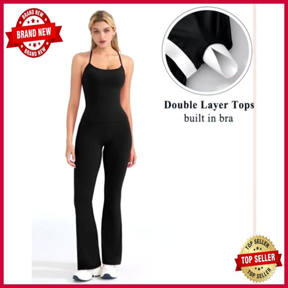 2 Piece Workout Set Padded Tank Top Flare Leggings Pilates Outfit - Picture 3 of 6